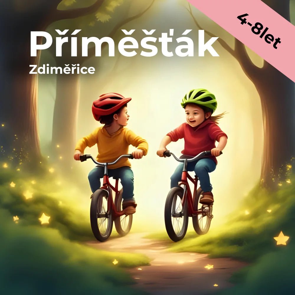 Děti jedou na kolech ve snovém světě.