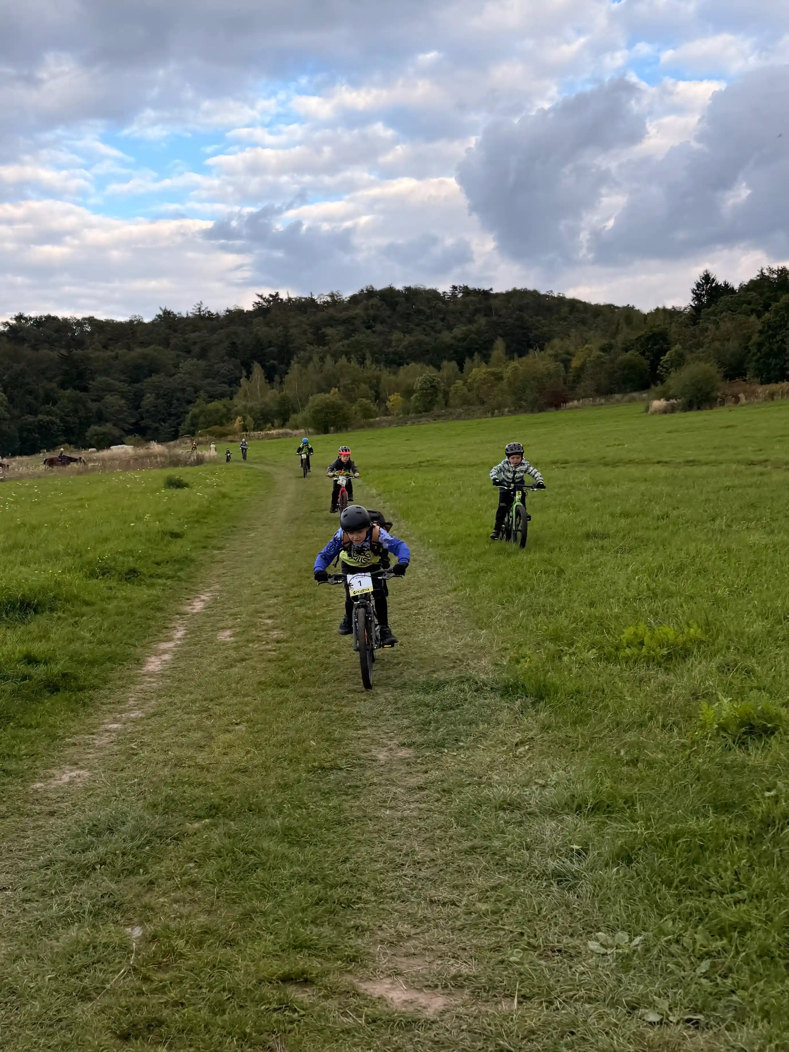 Děti jedou na kolech z kopce po louce.