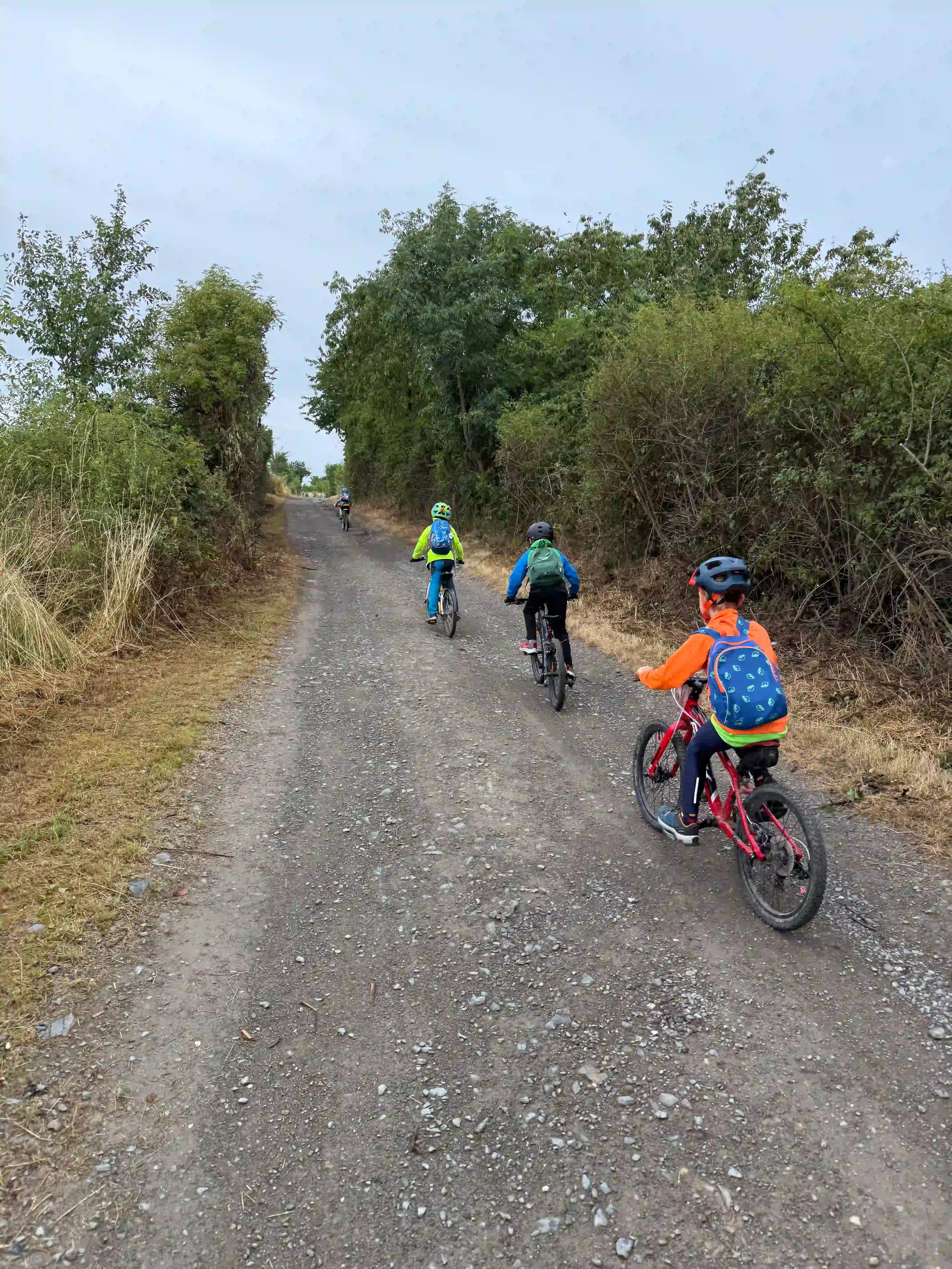 Děti jedou po štěrkové cestě na cyklovýlet.