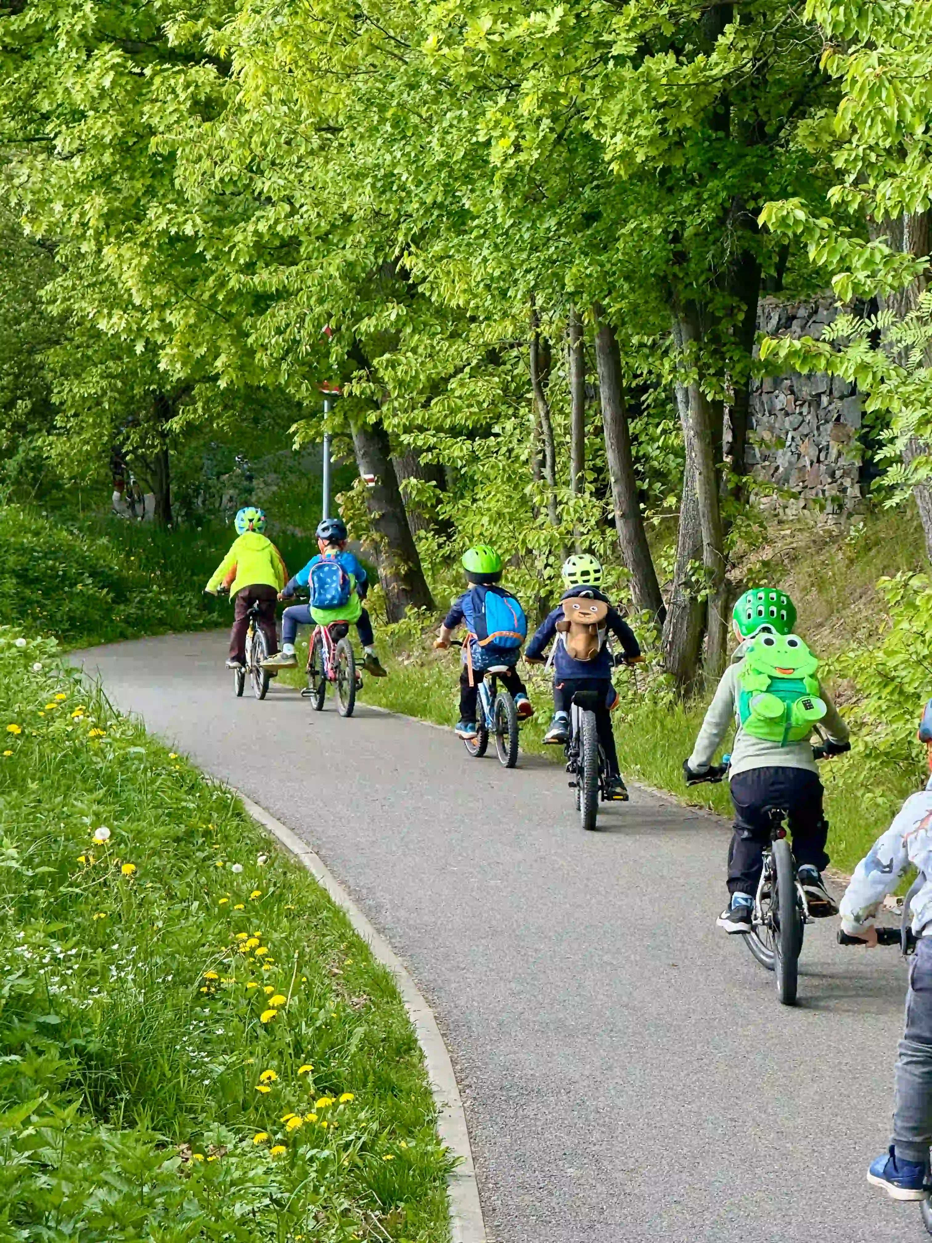 Děti jedou na kolech po cyklostezce hezky zasebou.
